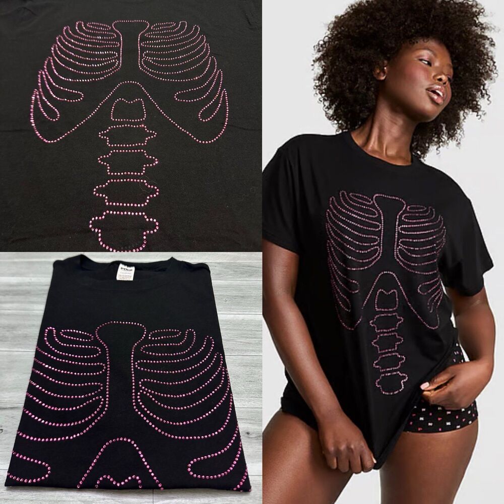 Women's Black Rib Cage Rhinestone Graphic T-Shirt L